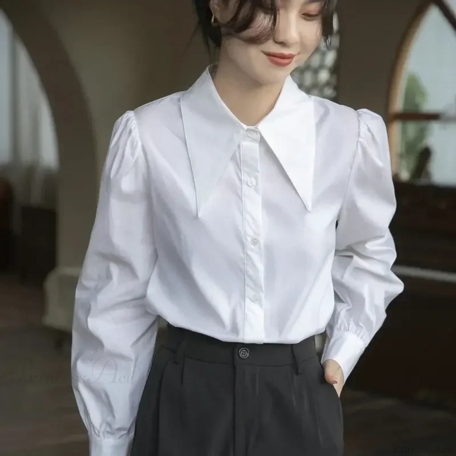 Chic Puff Sleeve Turn Down Collar White Blouse blouse-250126