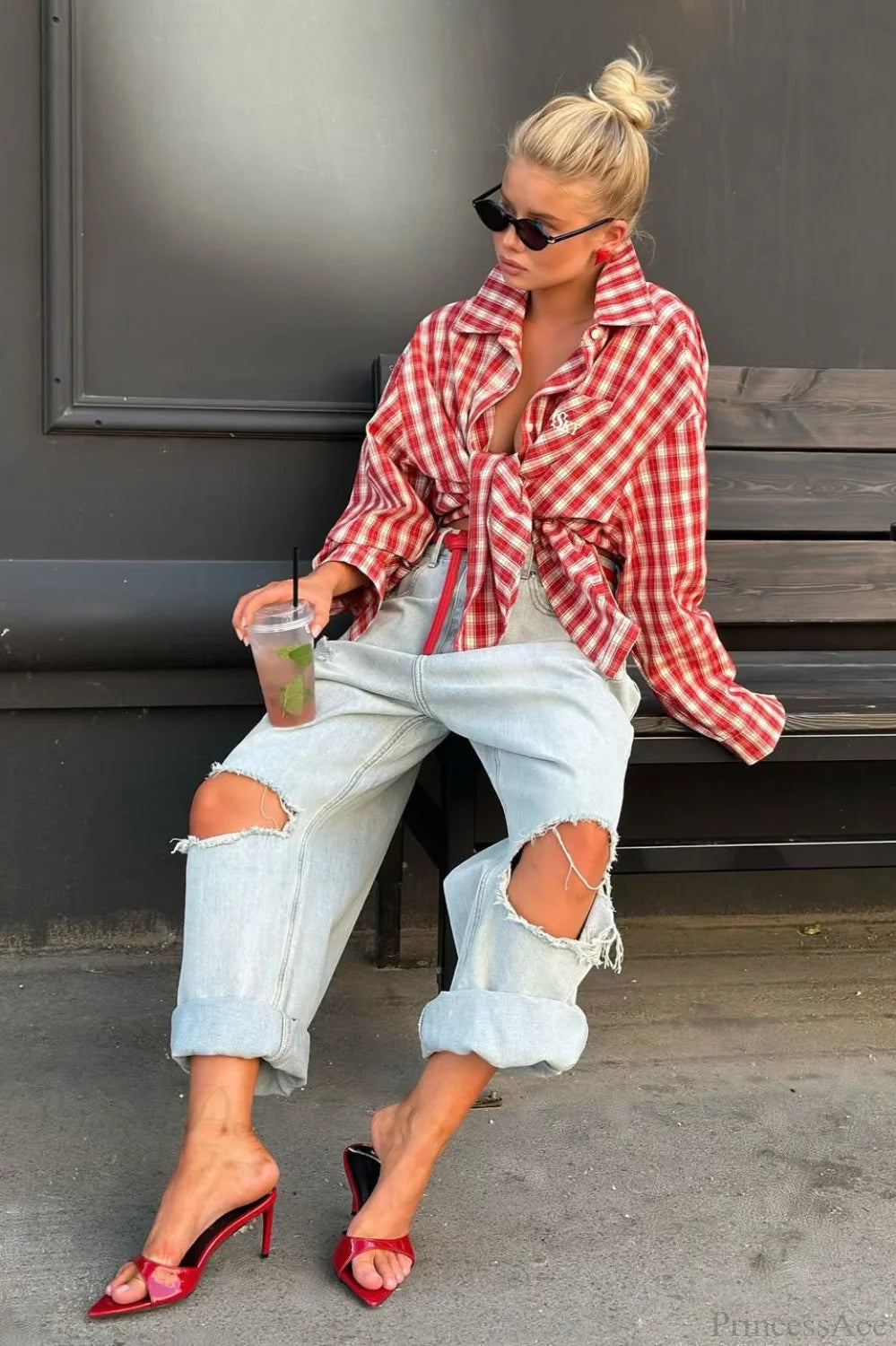 Chic Red Plaid Collared Loose Long Sleeve Blouse