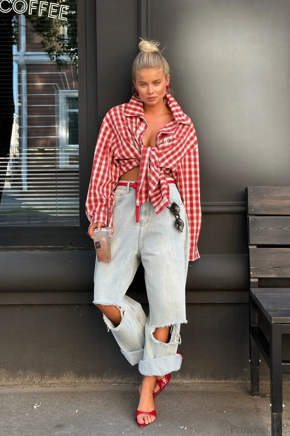 Chic Red Plaid Collared Loose Long Sleeve Blouse