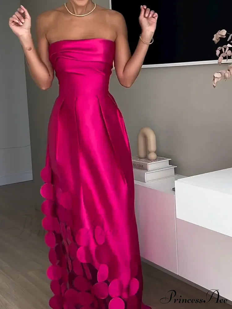 Chic Rose Red Sleeveless Satin Maxi Dress Elegant Backless Pleated Christmas Party Dresses-L