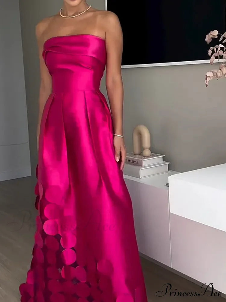 Chic Rose Red Sleeveless Satin Maxi Dress Elegant Backless Pleated Christmas Party Dresses-L