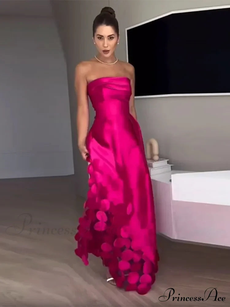 Chic Rose Red Sleeveless Satin Maxi Dress Elegant Backless Pleated Christmas Party Dresses-L