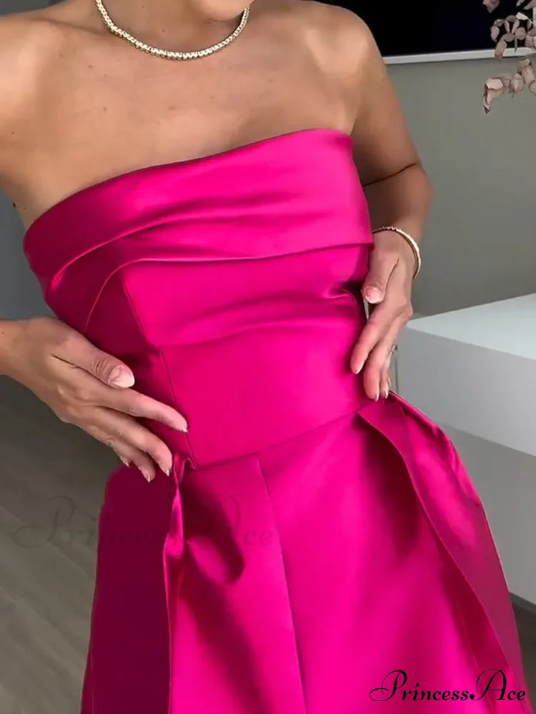 Chic Rose Red Sleeveless Satin Maxi Dress Elegant Backless Pleated Christmas Party Dresses-L