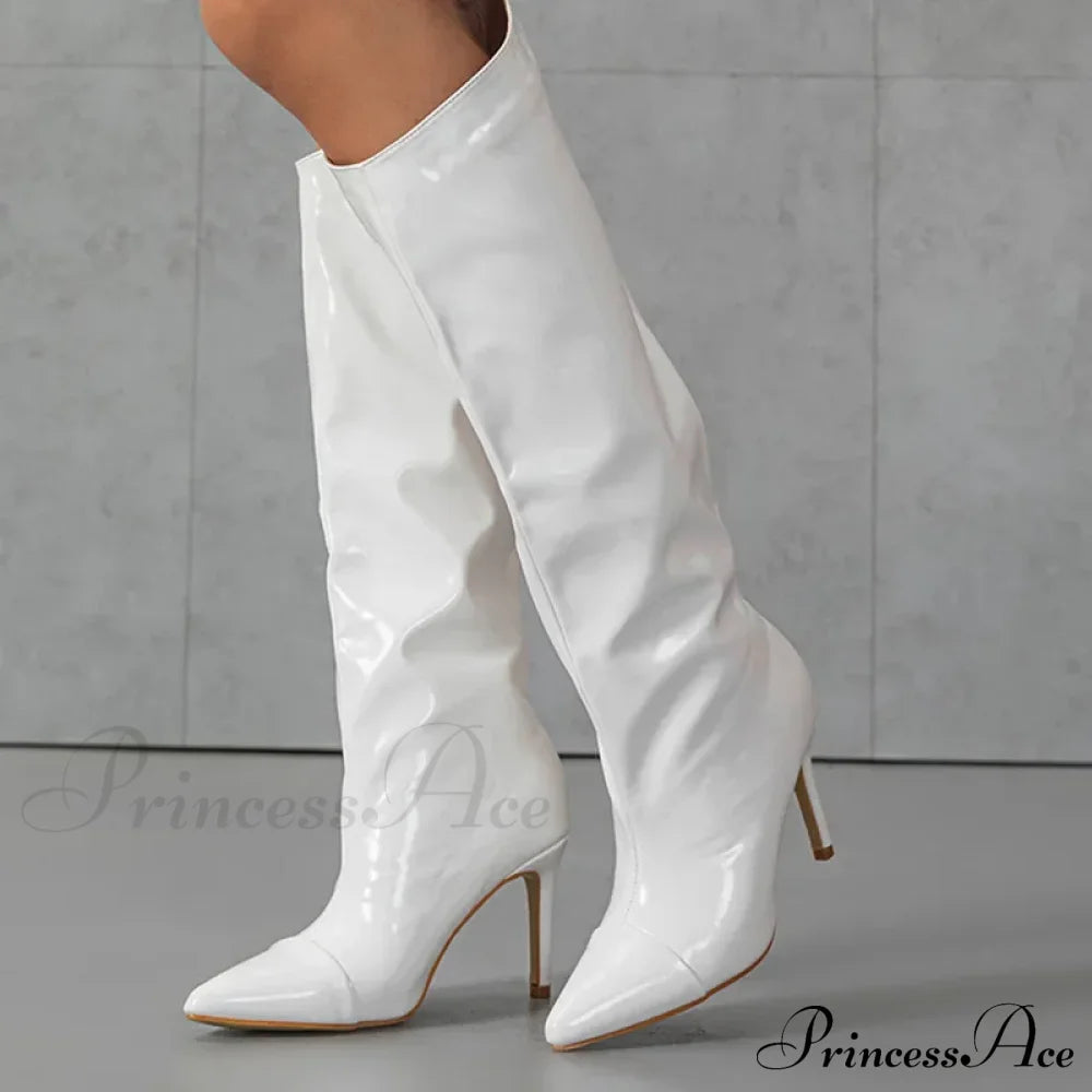 Chic Sexy Pointed Toe Slim High Heeled Boot Patent Leather Pleated Knee-High Modern Heel White / 35