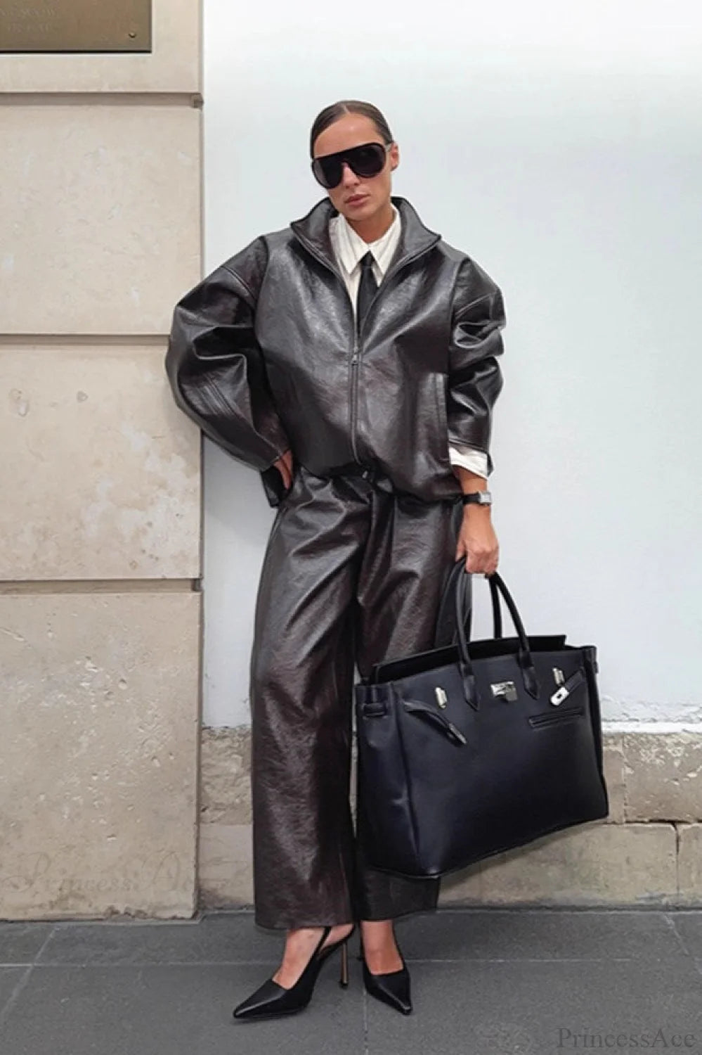 Chic Solid Patent Leather Stand Collar Jacket Skirt Two Piece Set