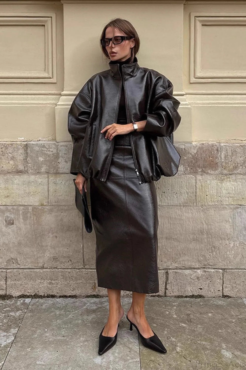 Chic Solid Patent Leather Stand Collar Jacket Skirt Two Piece Set Black / S