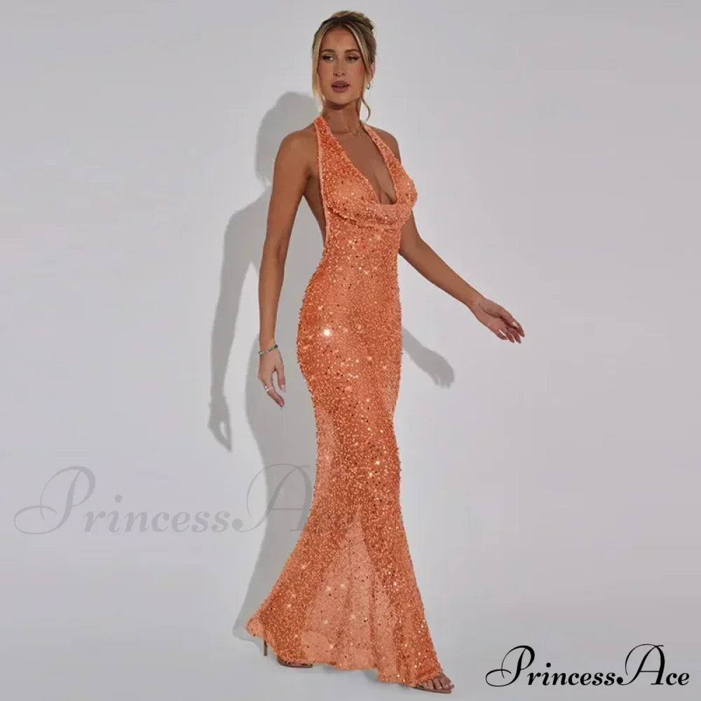 Chic Sparkling Sequin Women’s Backless Maxi Sexy Deep Christmas Party Dress Orange / S Dresses-L