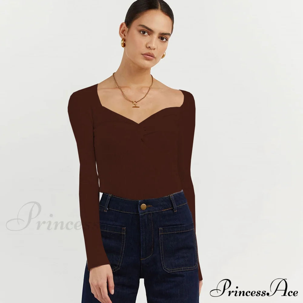 Chic Square Collar Short Sweaters Pullover Coffee / S