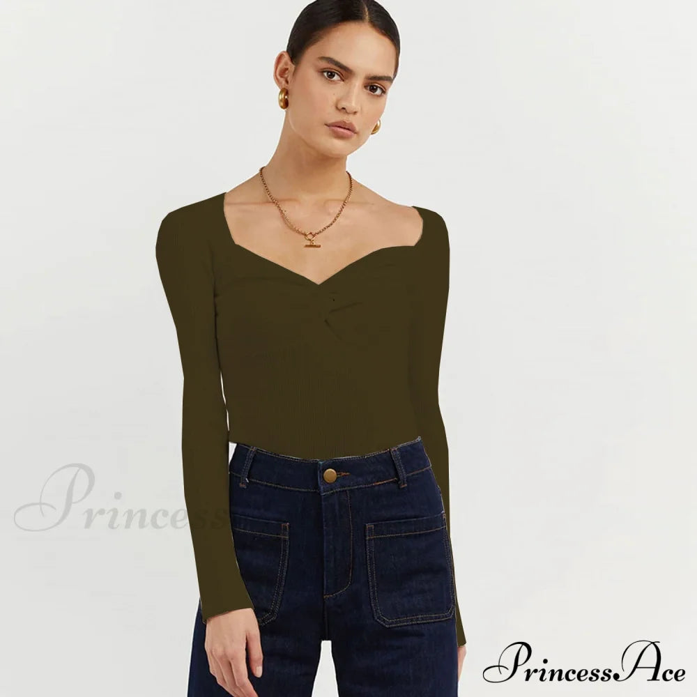 Chic Square Collar Short Sweaters Pullover Olive Green / S