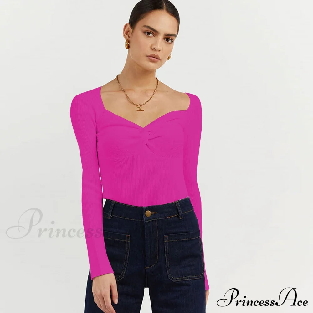 Chic Square Collar Short Sweaters Pullover Rose Red / S