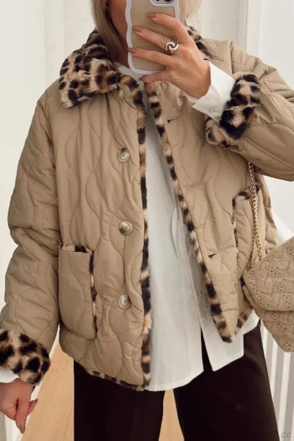 Chic Turn-Down Collar Reversible Leopard Cotton Coat Apricot / S