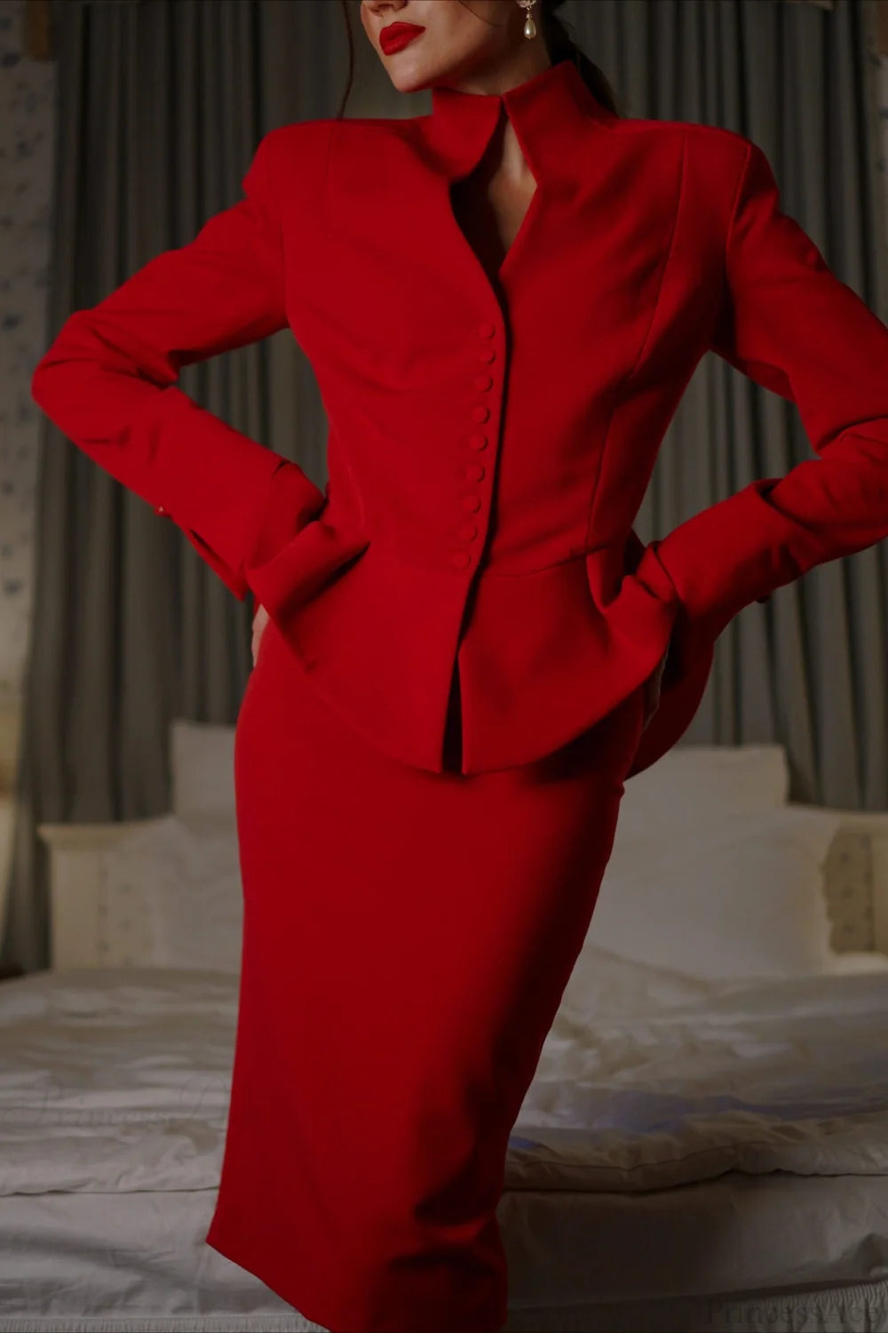 Chic Tweed Sophisticated Professional Two Piece Set Red / S