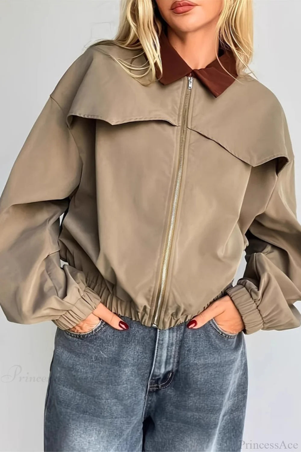 Chic Utility Casual Colorblock Jacket Khaki / S