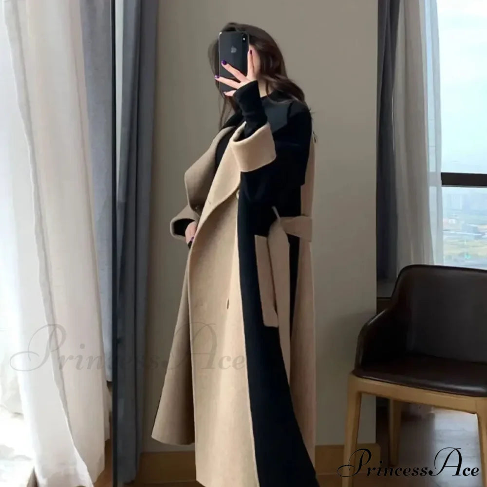 Chic Woolen Patchwork Double-Breasted Anti-Wrinkle Lapel Winter High Sense Stylish Coat Coats-L