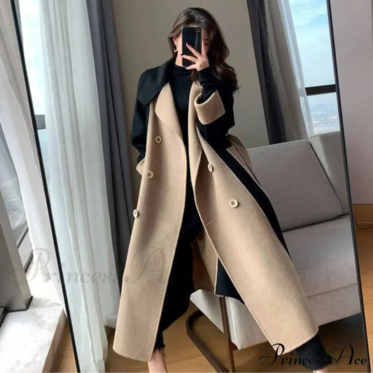 Chic Woolen Patchwork Double-Breasted Anti-Wrinkle Lapel Winter High Sense Stylish Coat Coats-L