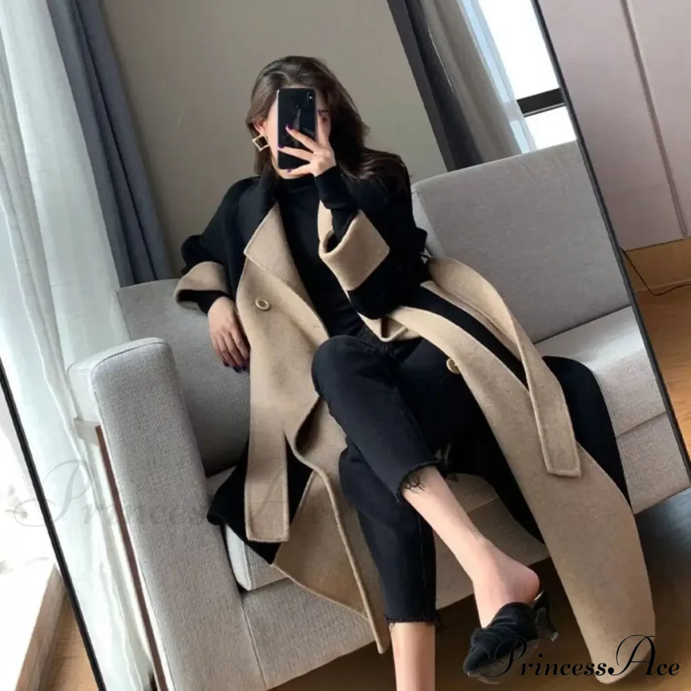 Chic Woolen Patchwork Double-Breasted Anti-Wrinkle Lapel Winter High Sense Stylish Coat Coats-L