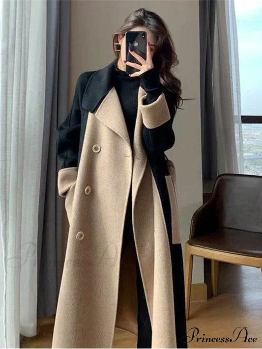 Chic Woolen Patchwork Double-Breasted Anti-Wrinkle Lapel Winter High Sense Stylish Coat Khaki / L