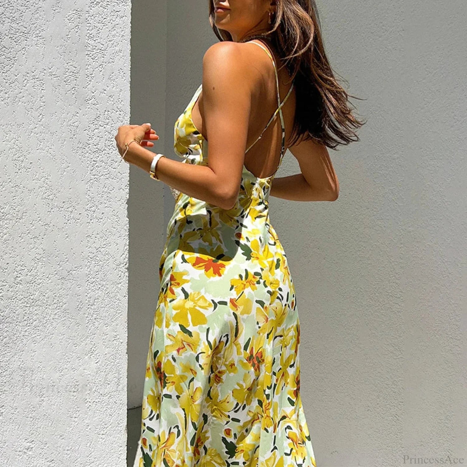 Chic Yellow Flowers Print Twist Knot Cutout Midi Floral Dress floraldress-250126