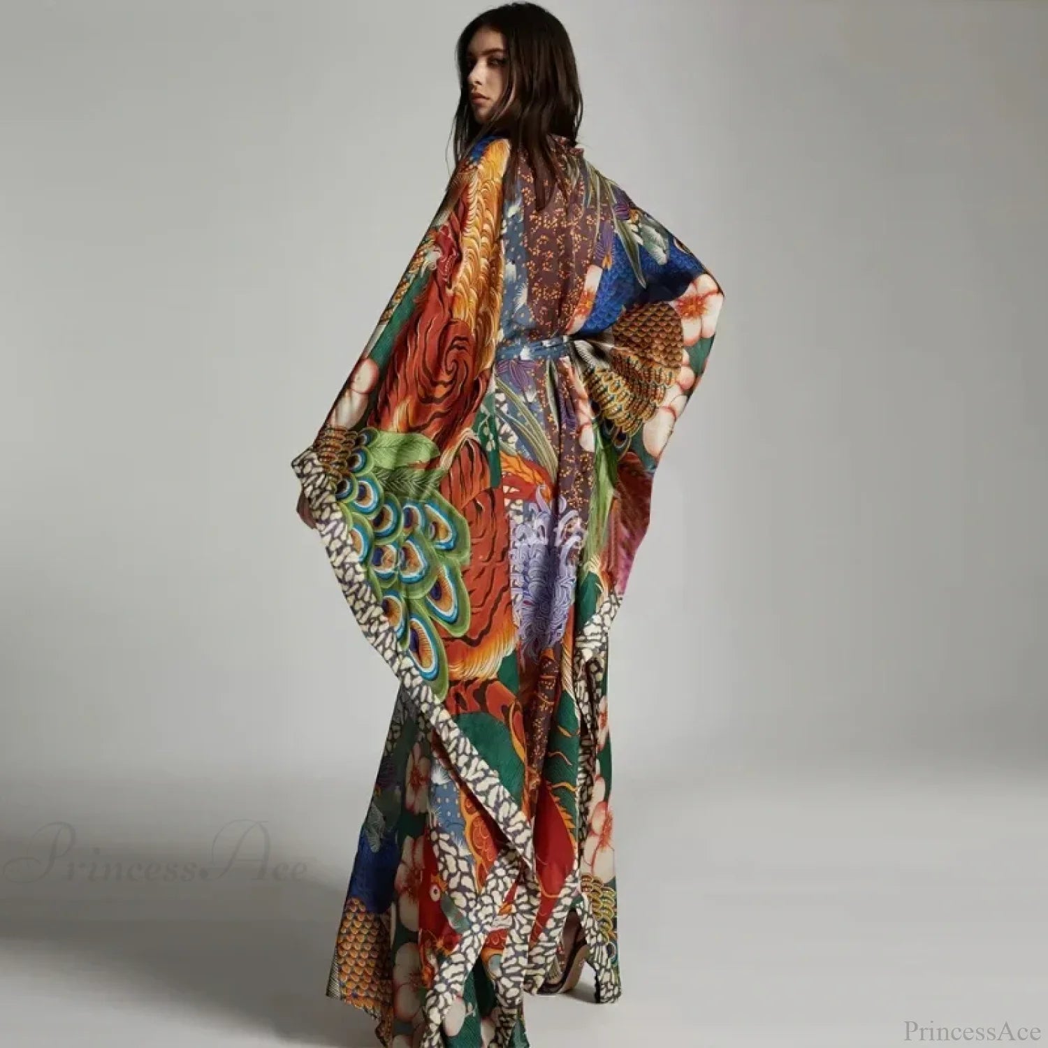 Chiffon Ethnic Peacock Pattern Long Cardigan Boho Cover up MULTI / One Size bohocoverup-250126
