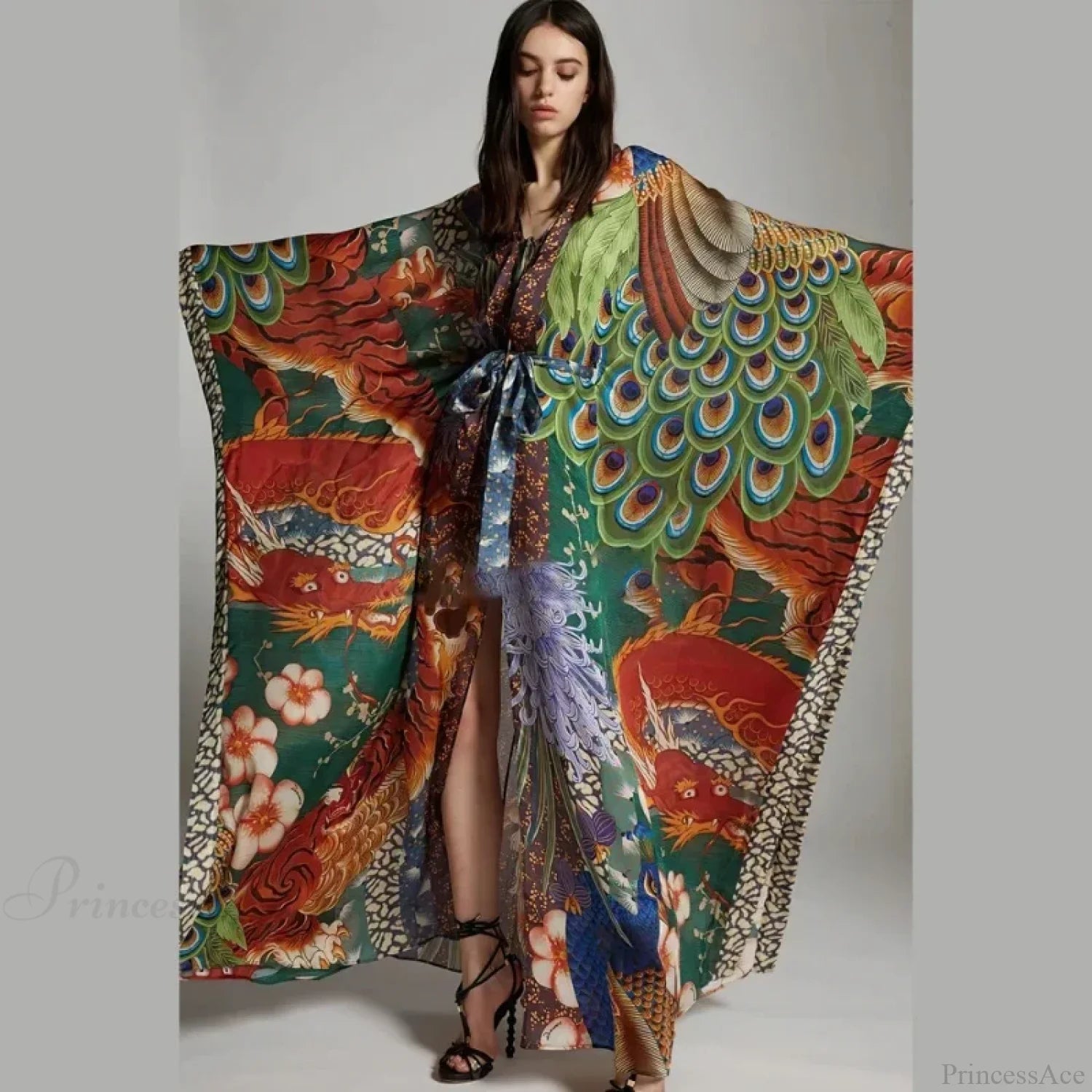 Chiffon Ethnic Peacock Pattern Long Cardigan Boho Cover up MULTI / One Size bohocoverup-250126