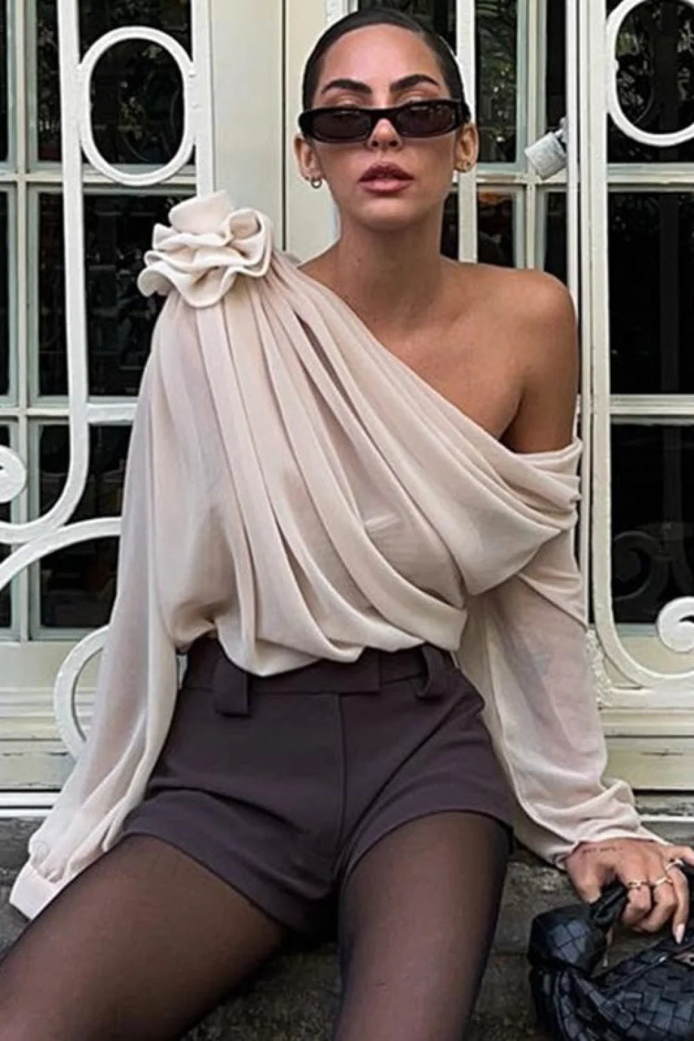 Chiffon Floral Off-the-Shoulder Fitted Blouse