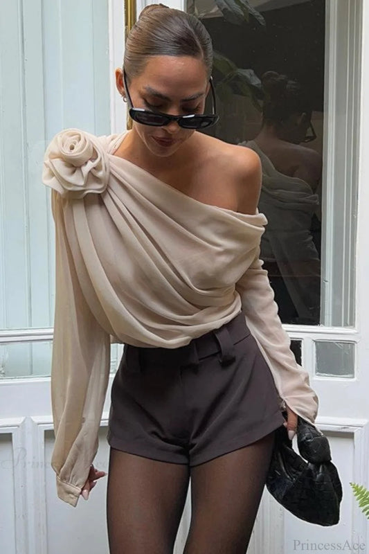 Chiffon Floral Off-the-Shoulder Fitted Blouse Apricot / S