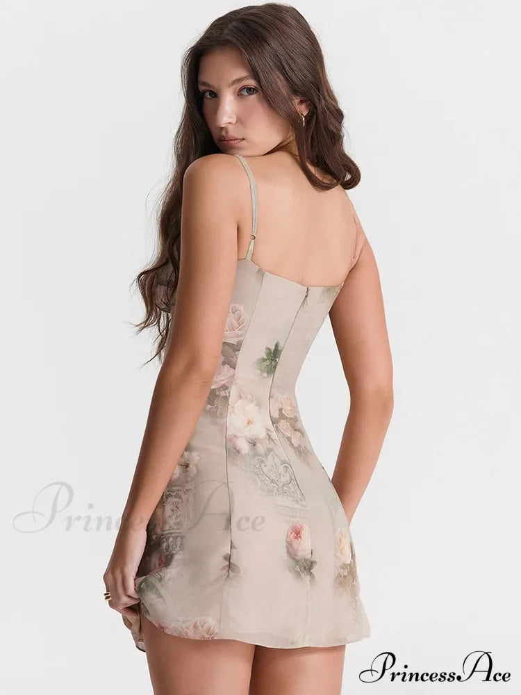 Chiffon Floral Print Spaghetti Strap Backless Boho Dress