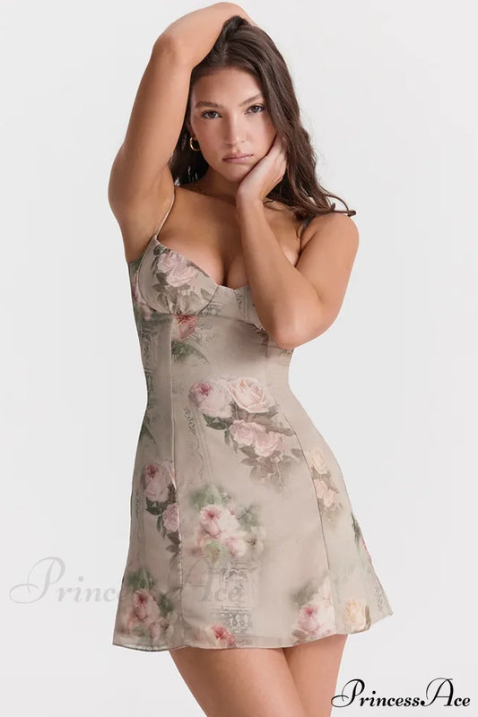 Chiffon Floral Print Spaghetti Strap Backless Boho Dress