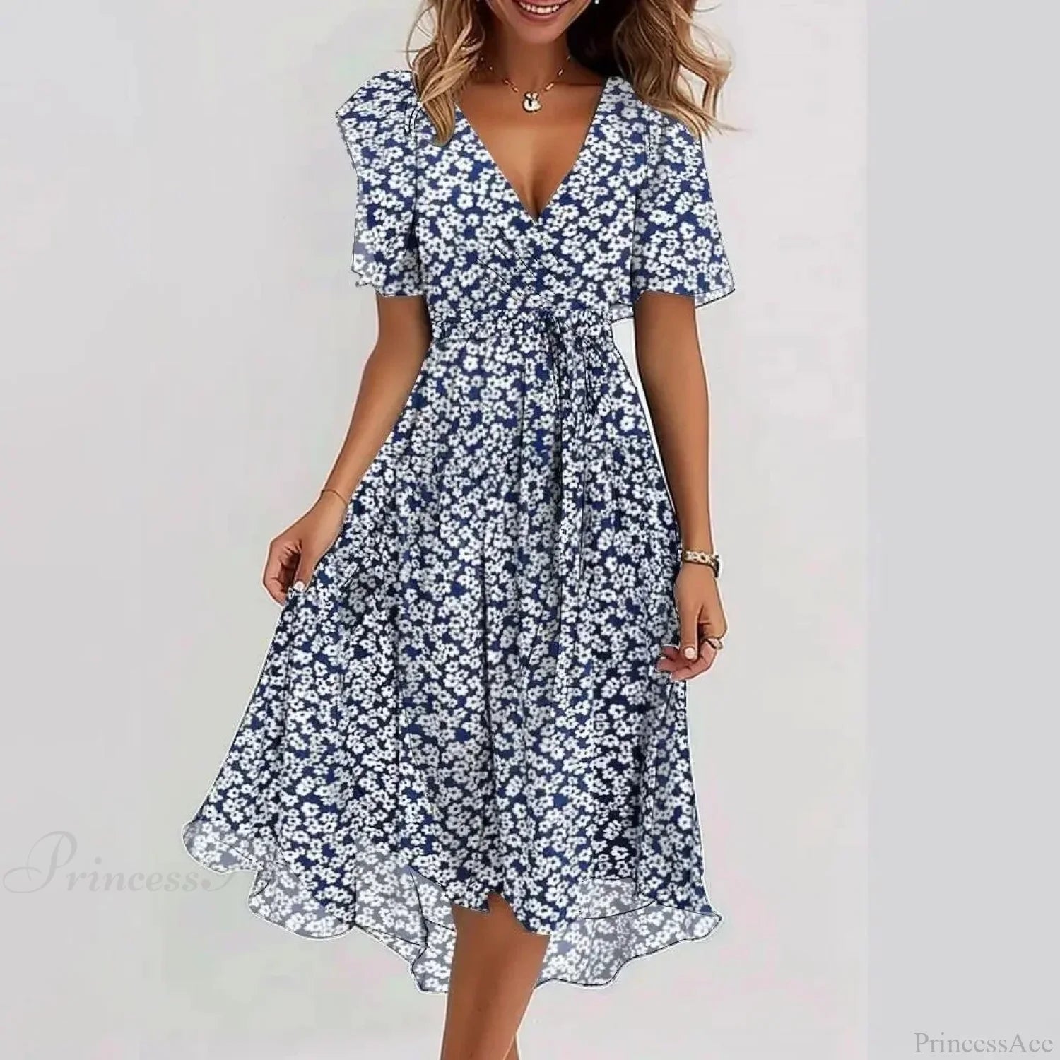 Chiffon Floral Print V-neck Dress BlUE AND WHITE FLORAL / S oldfloraldress-250126