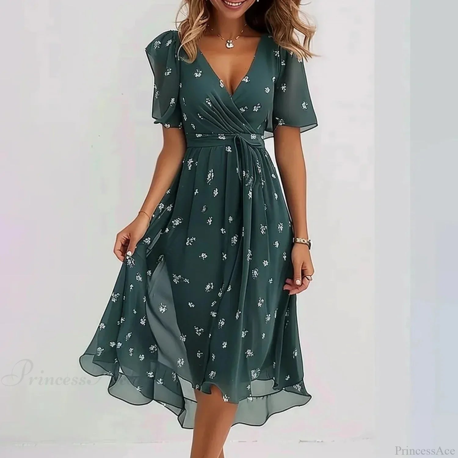 Chiffon Floral Print V-neck Dress Green / S oldfloraldress-250126