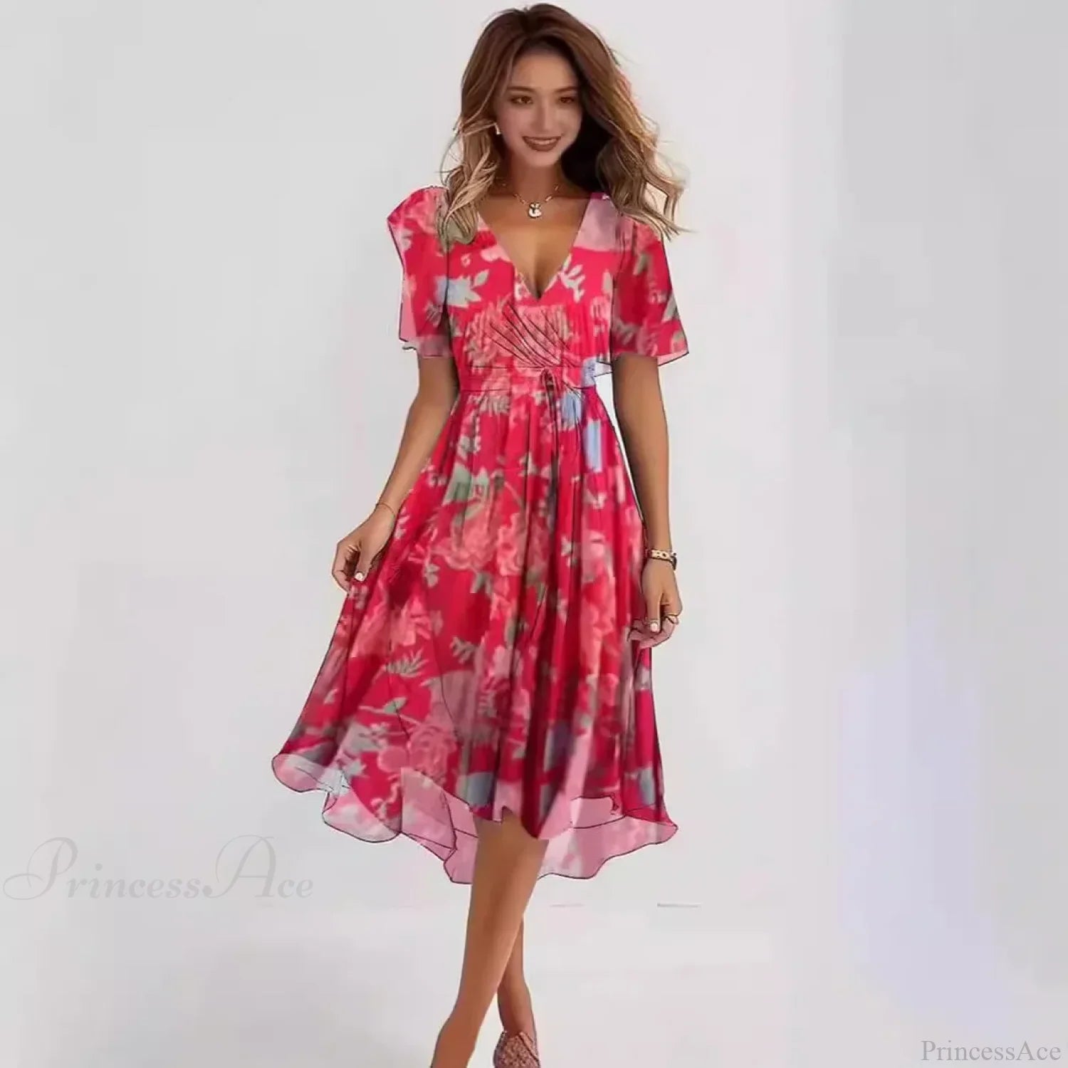 Chiffon Floral Print V-neck Dress oldfloraldress-250126