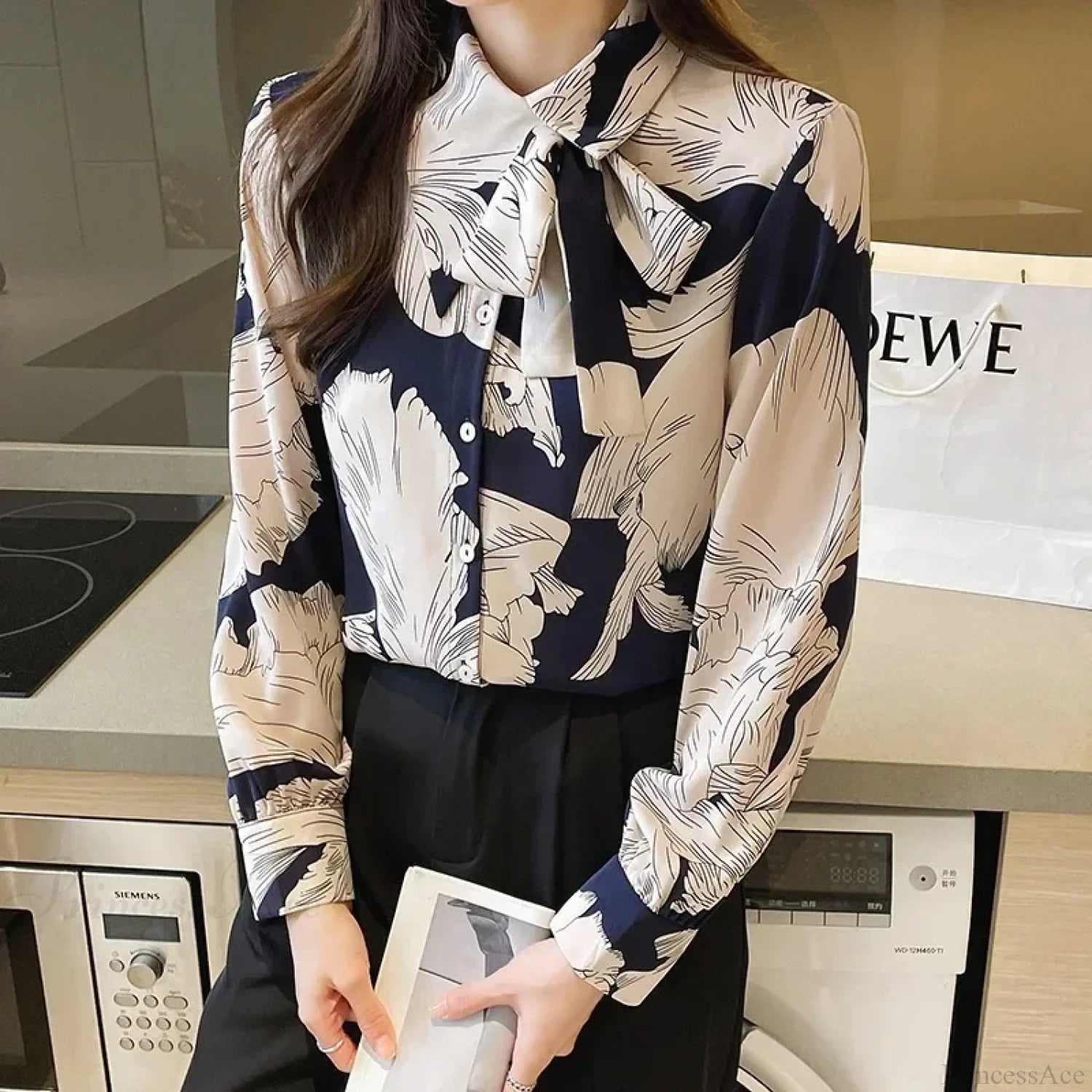 Chiffon Flower Button Up Long Sleeve Blouse blouse-250126