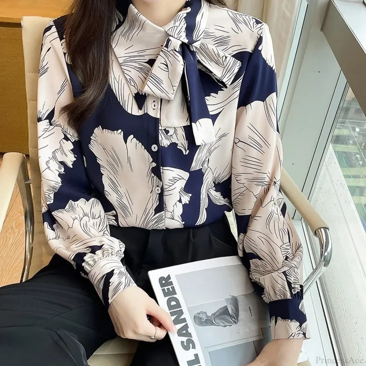 Chiffon Flower Button Up Long Sleeve Blouse blouse-250126