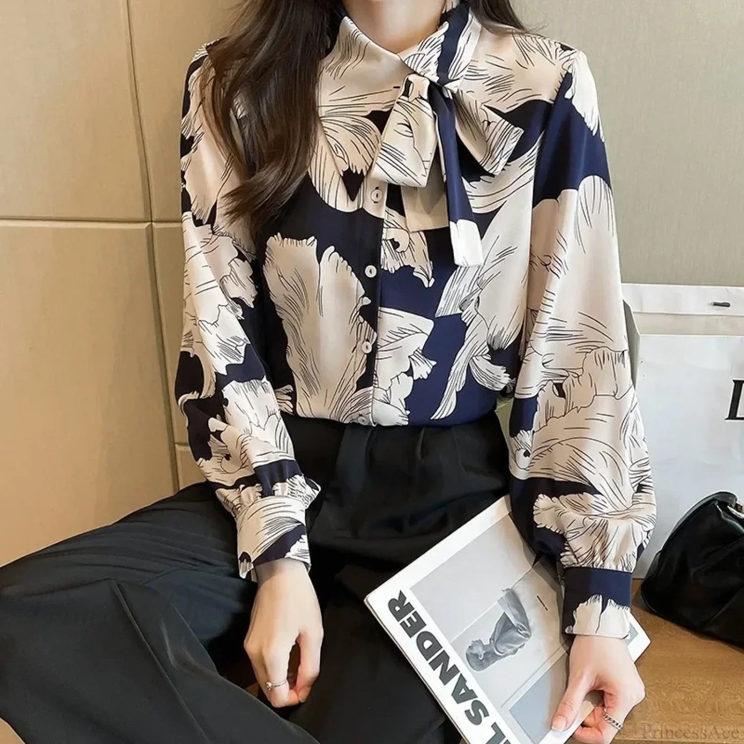 Chiffon Flower Button Up Long Sleeve Blouse blouse-250126