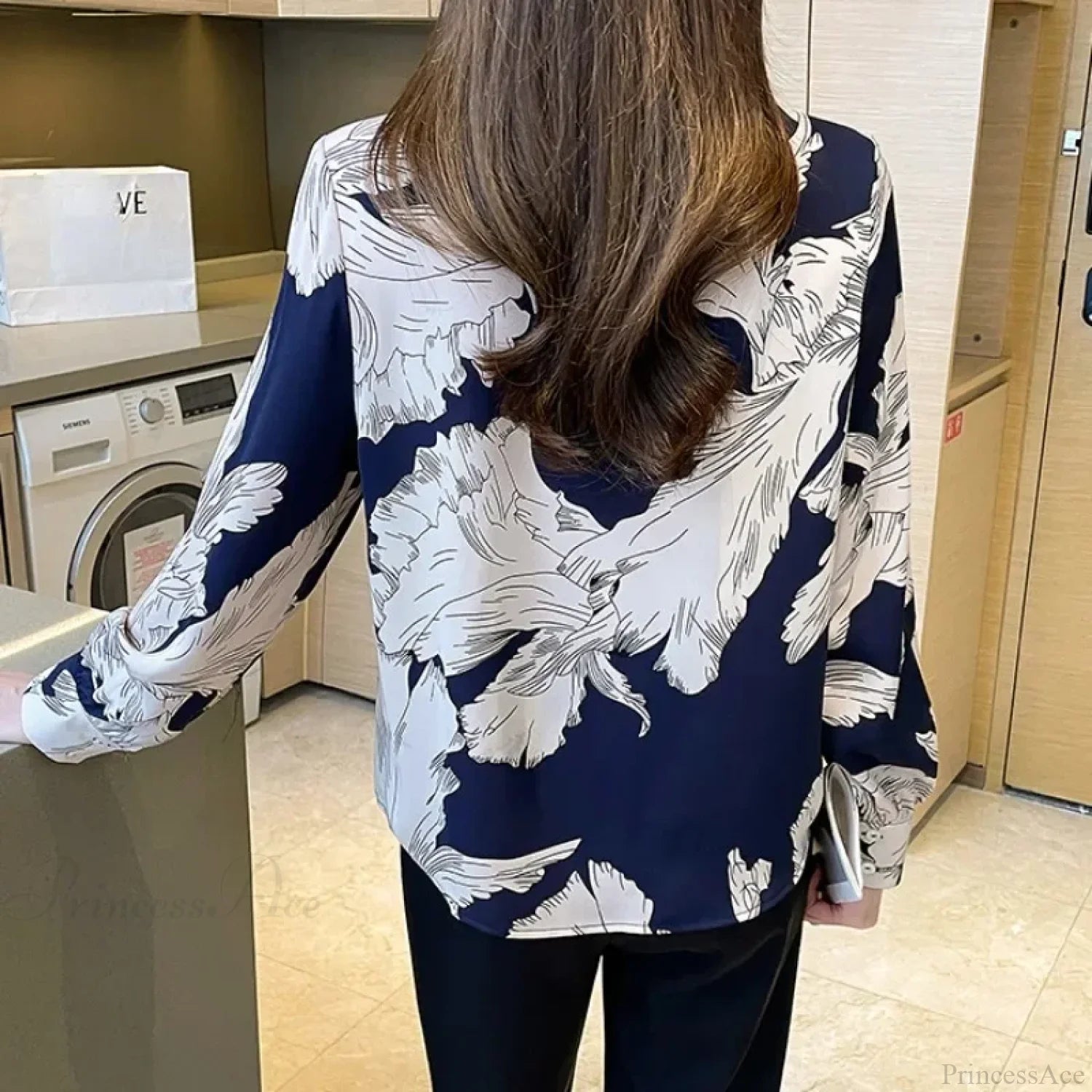 Chiffon Flower Button Up Long Sleeve Blouse blouse-250126