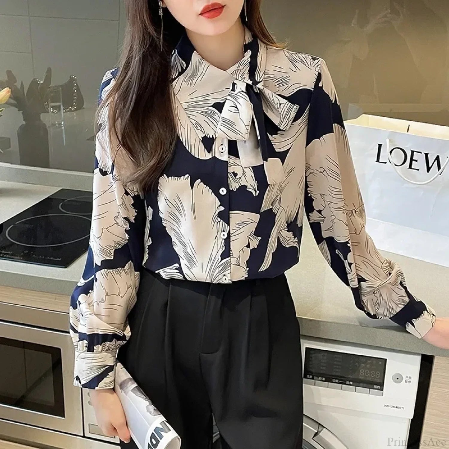 Chiffon Flower Button Up Long Sleeve Blouse blouse-250126