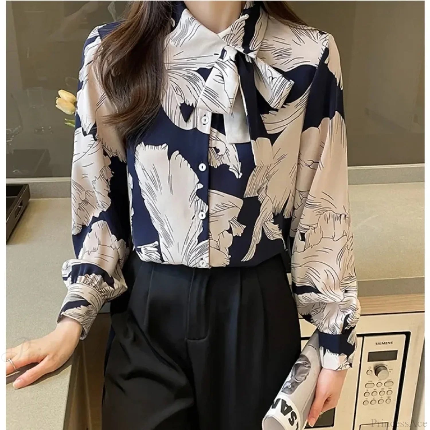 Chiffon Flower Button Up Long Sleeve Blouse Blue / S blouse-250126