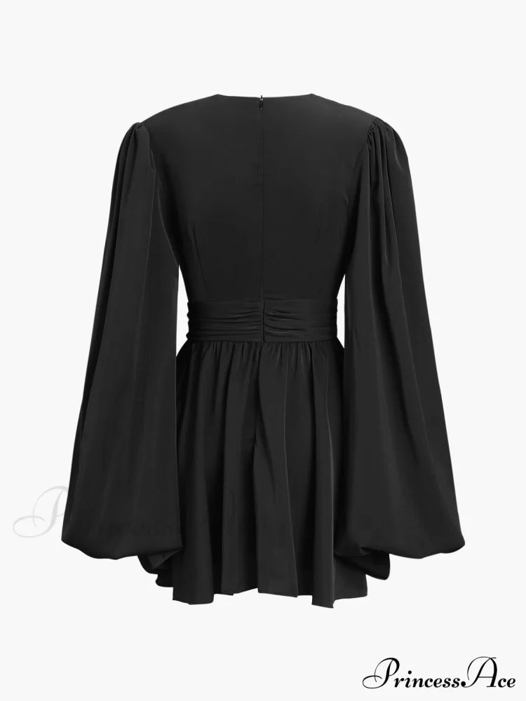 Chiffon Low Cut V-Neck Modern Pleated Zip Mini Dress Dresses