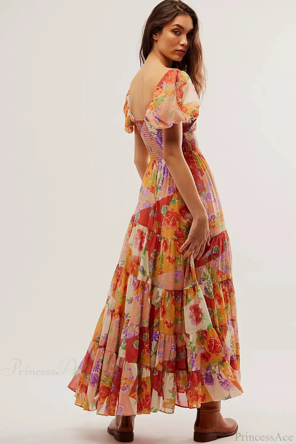 Chiffon Maxi Dress Floral Print Puff Sleeve bohodress-250126