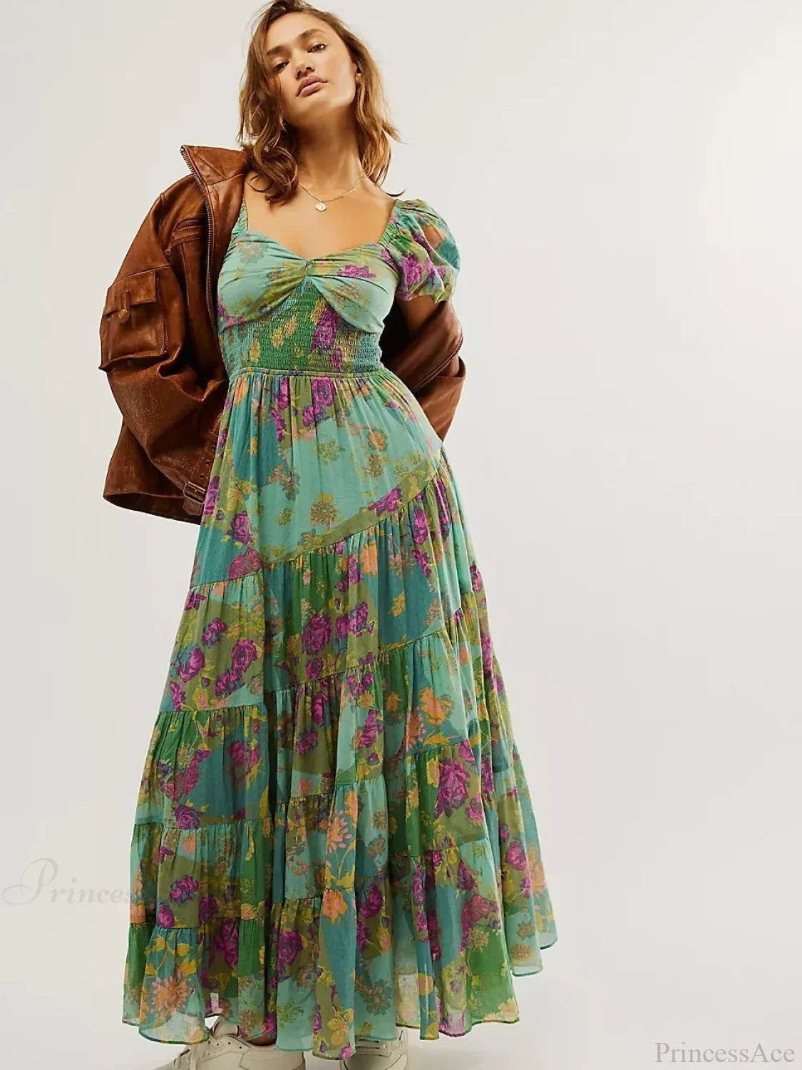 Chiffon Maxi Dress Floral Print Puff Sleeve Light Green / S bohodress-250126