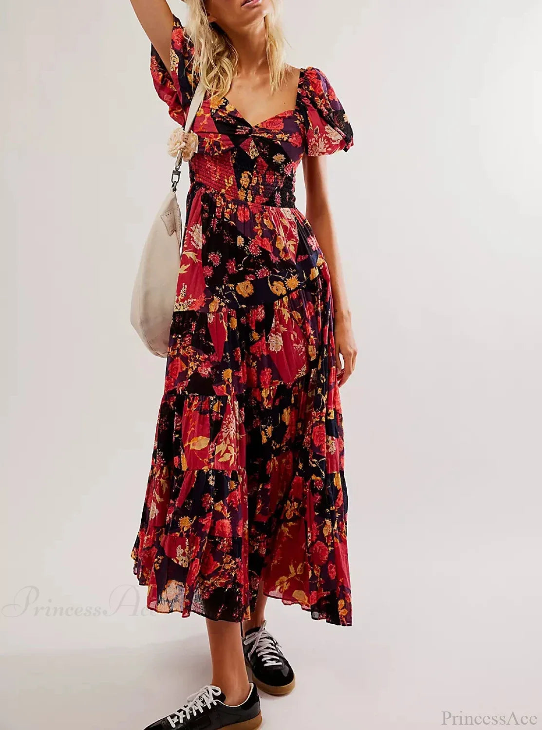 Chiffon Maxi Dress Floral Print Puff Sleeve Red / S bohodress-250126