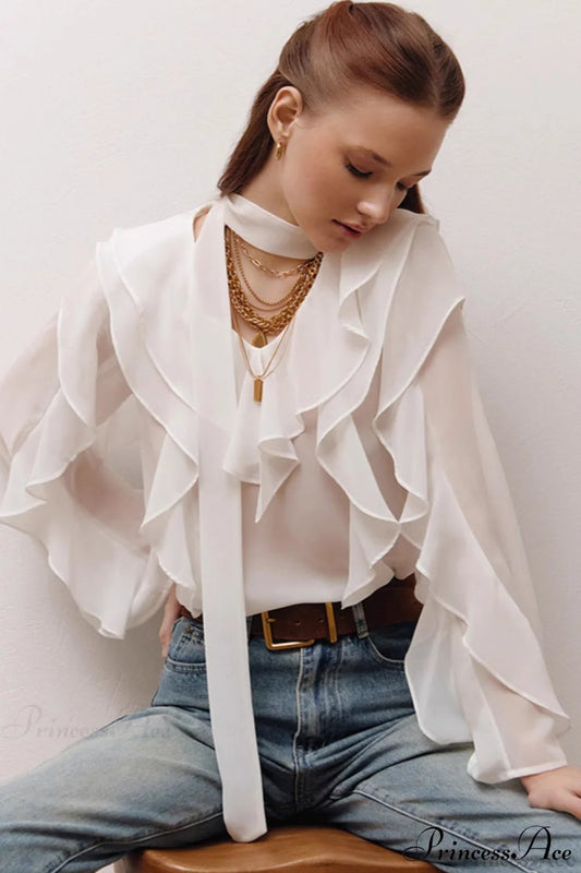 Chiffon Ruffled Long Sleeve V Neck Blouse White / S