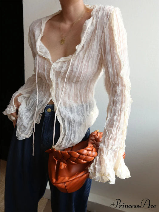 Chiffon Sheer Lettuce Trendy Trim Long Sleeve Shirt Off-White / Xs Shirts