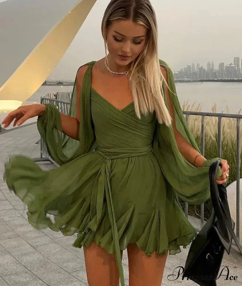 Chiffon Slit Long Sleeve Graceful Lace Up Mini Dress Dresses