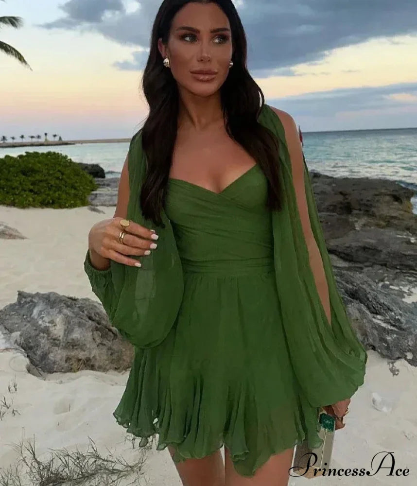 Chiffon Slit Long Sleeve Graceful Lace Up Mini Dress Dresses