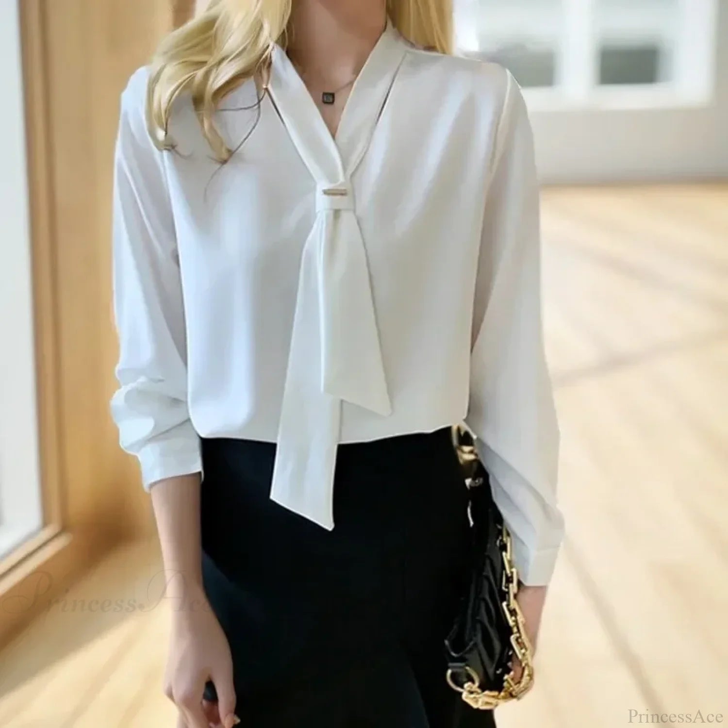 Chiffon V-neck Tie Loose Long Sleeve White Blouse blouse-250126