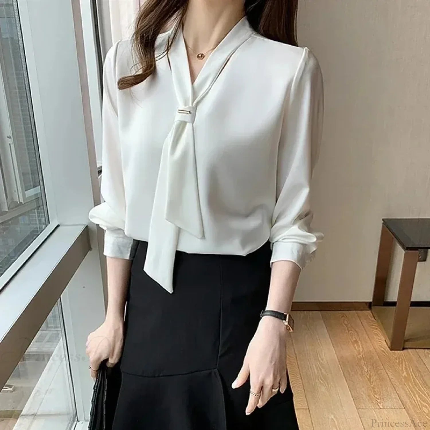Chiffon V-neck Tie Loose Long Sleeve White Blouse blouse-250126