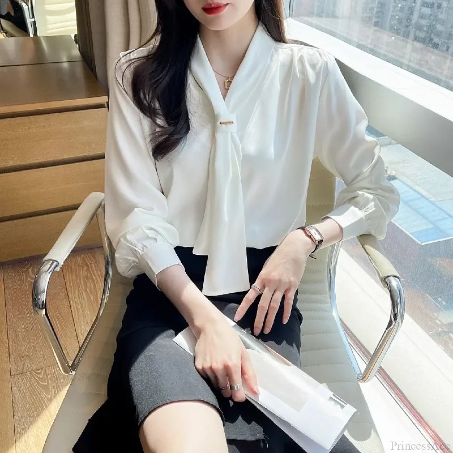 Chiffon V-neck Tie Loose Long Sleeve White Blouse blouse-250126