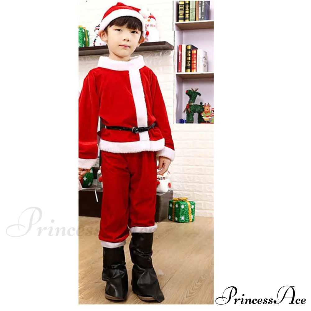 Child Christmas Santa Claus Dress Pants Tops Hat Cloak Belt Sets Boy-4 Pcs Set / 120Cm 5T-6T