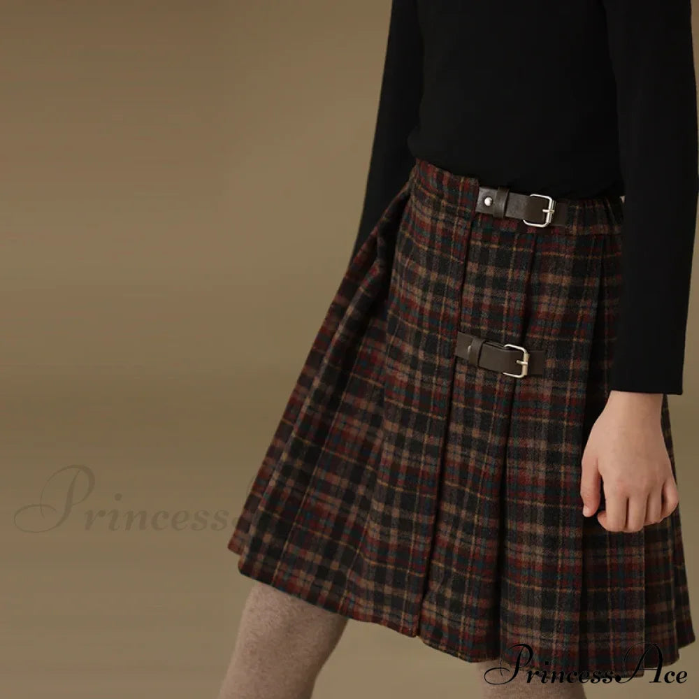 Children’s Retro Plaid Wool Casual Thick Pleated Autumn Winter Skirt